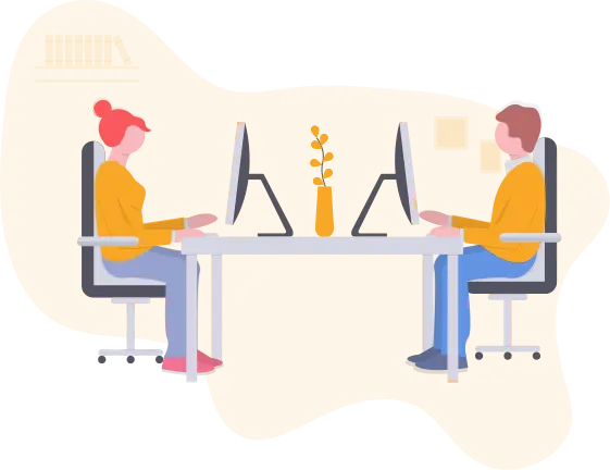 Image d'illustration : deux personnes face à face, travaillant à leur ordinateur